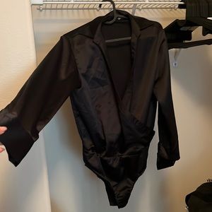 Satin deep-v leotard
